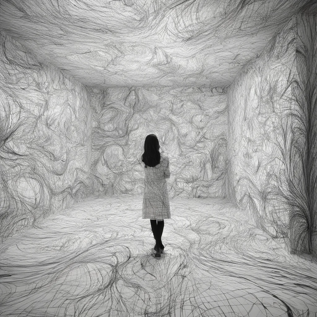 a woman in the unreal room, black and white line <lora:neg4all_bdsqlsz_xl_V6:1> <lora:SDXL_black_and_white_line_Sa_May:1>