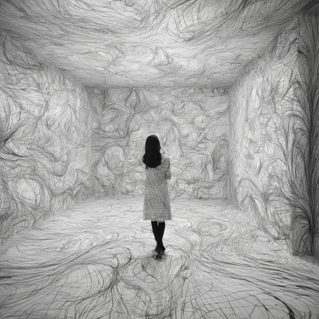 a woman in the unreal room, black and white line <lora:neg4all_bdsqlsz_xl_V6:1> <lora:SDXL_black_and_white_line_Sa_May:1>