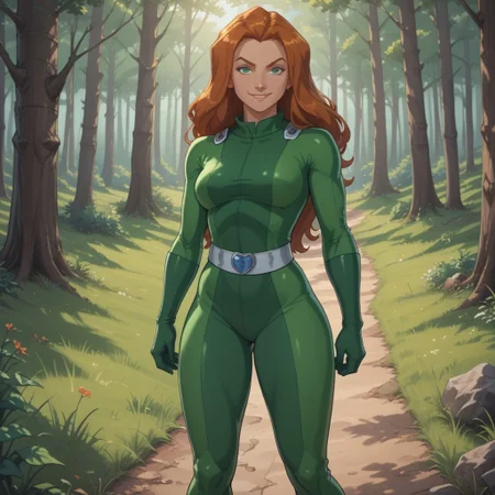 score_9, score_8, BREAK, solo, Sam_(Totally_Spies), orange hair, long hair, green eyes, green gloves, green latex bodysuit, belt, skin tight, high heels, sexy pose, self portrait, smile, looking at viewer, outdoors, sunlight, shadows, evening lighting, natural lighting, forest, trees, grass, orange sky, sunset
