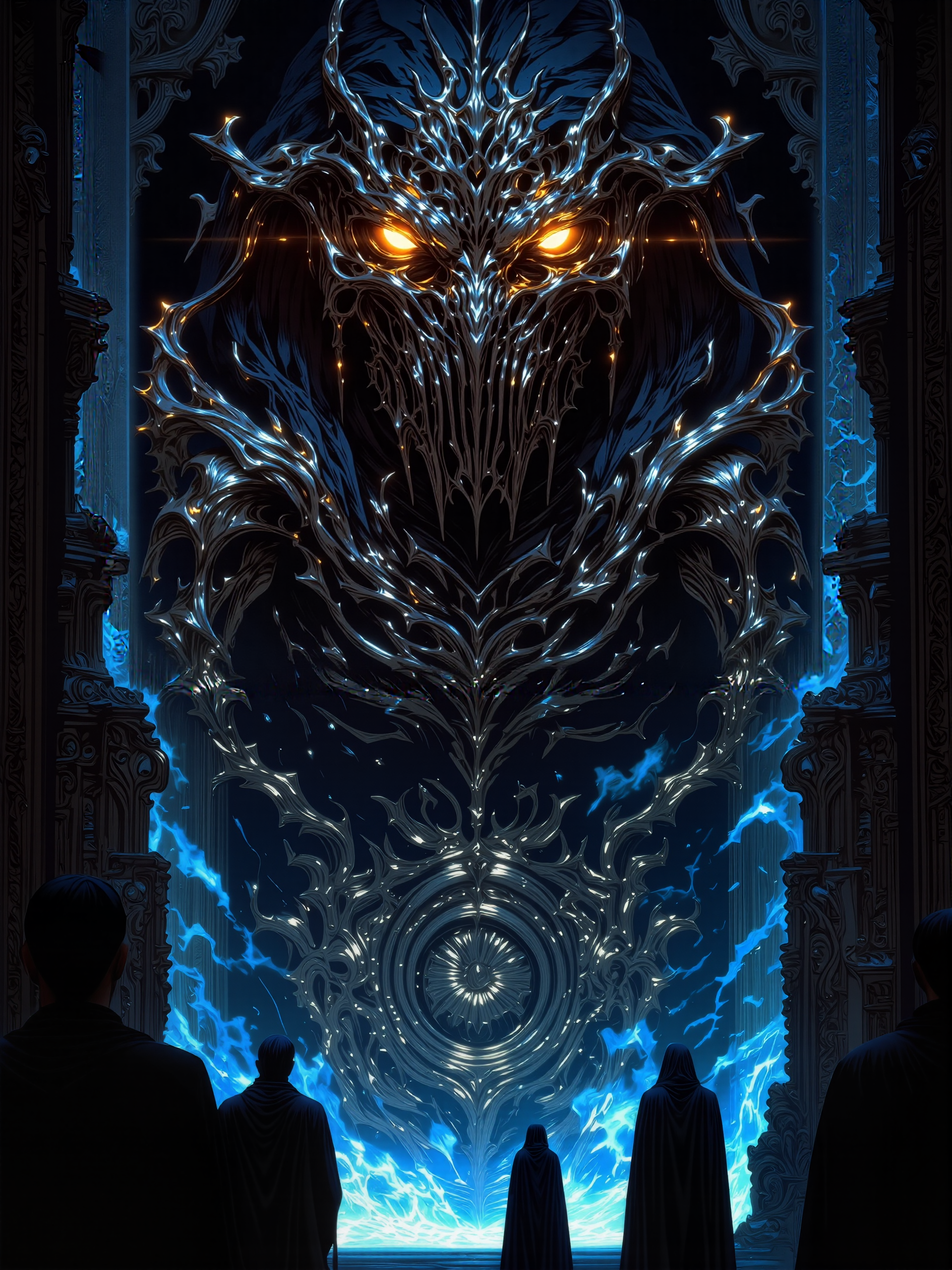 a hyper-realistic image, front view, ultra detailed masterwork illustration, 8k, 16k, 
entering your final hour, 
feel the cold, the demon's touch, 
the cosmic order now profoundly disturbed, 
in a moment's over shadowing of the light, 
here be dragons, 
here be death, 
here be the somber that have felt the devil's breath, 
here be dragons, 
here be death, 
here be the somber that have felt the devil's breath, 
mythp0rt, ne0nfant4sy, midjourney_whisper_avant_couture
<lora:style-mythic_fantasy-v2-flux-by_velvets:0.8>
<lora:style-neon_fantasy-flux-by_neowave:0.8>
<lora:epic_gorgeous_details-balance-flux-by_flyway:0.8>
<lora:style-midjourney_lucid_dreams-flux-by_kawaiikitsuneai:0.15>
<lora:midjourney_whisper_avant_couture-flux-by_aihonobono2023:0.85>
