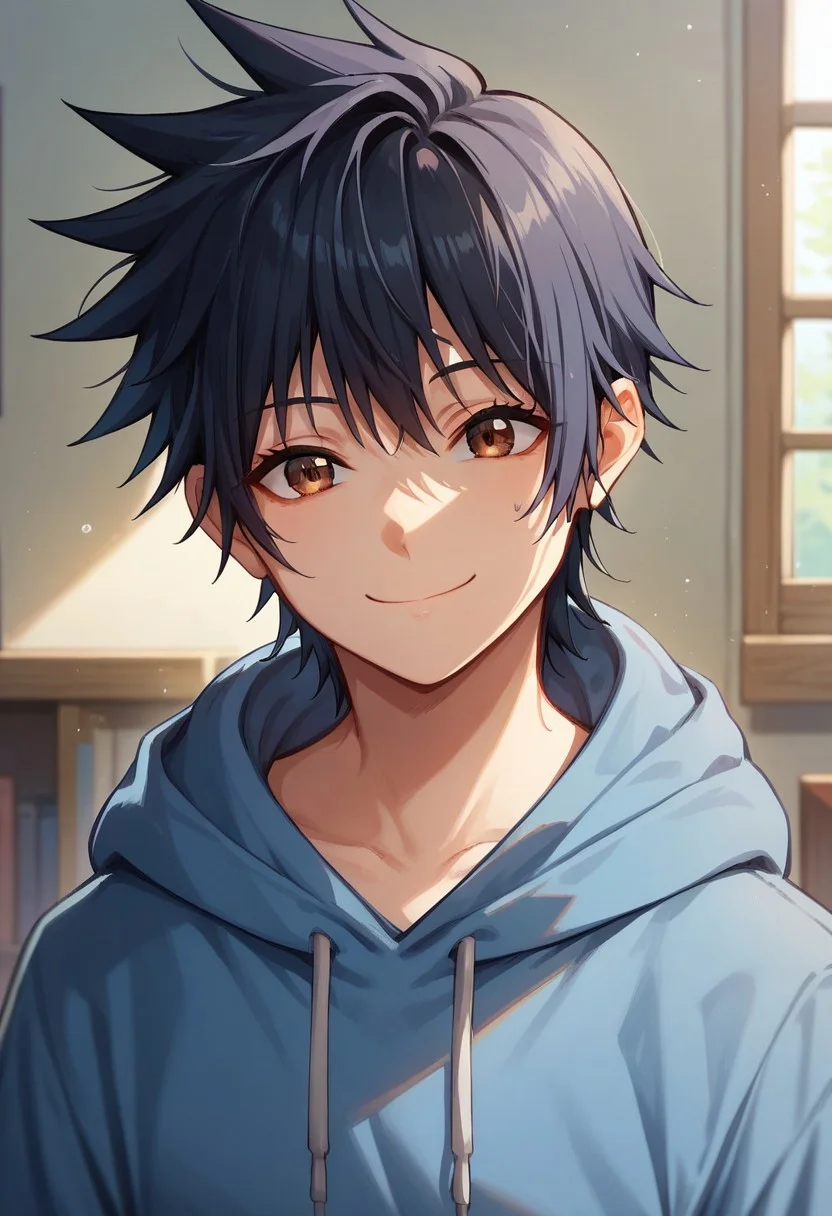 score_9, score_8_up, score_7_up, 1girl, black hair, short hair, spiked hair, bangs, brown eyes, blue hoodie, closed mouth, room, long sleeves, looking at viewer, smile, solo, upper body, close up, front view,