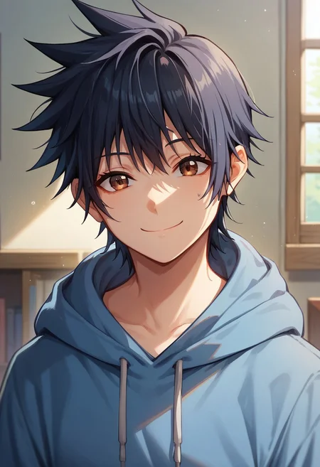 score_9, score_8_up, score_7_up, 1girl, black hair, short hair, spiked hair, bangs, brown eyes, blue hoodie, closed mouth, room, long sleeves, looking at viewer, smile, solo, upper body, close up, front view,