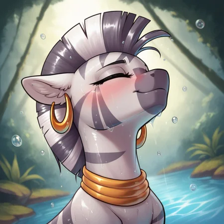 score_9, score_8_up, score_7_up, score_6_up, realistic illustration, dramatic angle, jungle, pond, outdoors, close view, 1girl, solo, zecora, feral, pony, tail, shiny skin, dramatic angle, dynamic pose, earrings, closed eyes, seducing, seduce, inviting look, blushing, wet body, wet mane, water drops in the air, head up, body in water