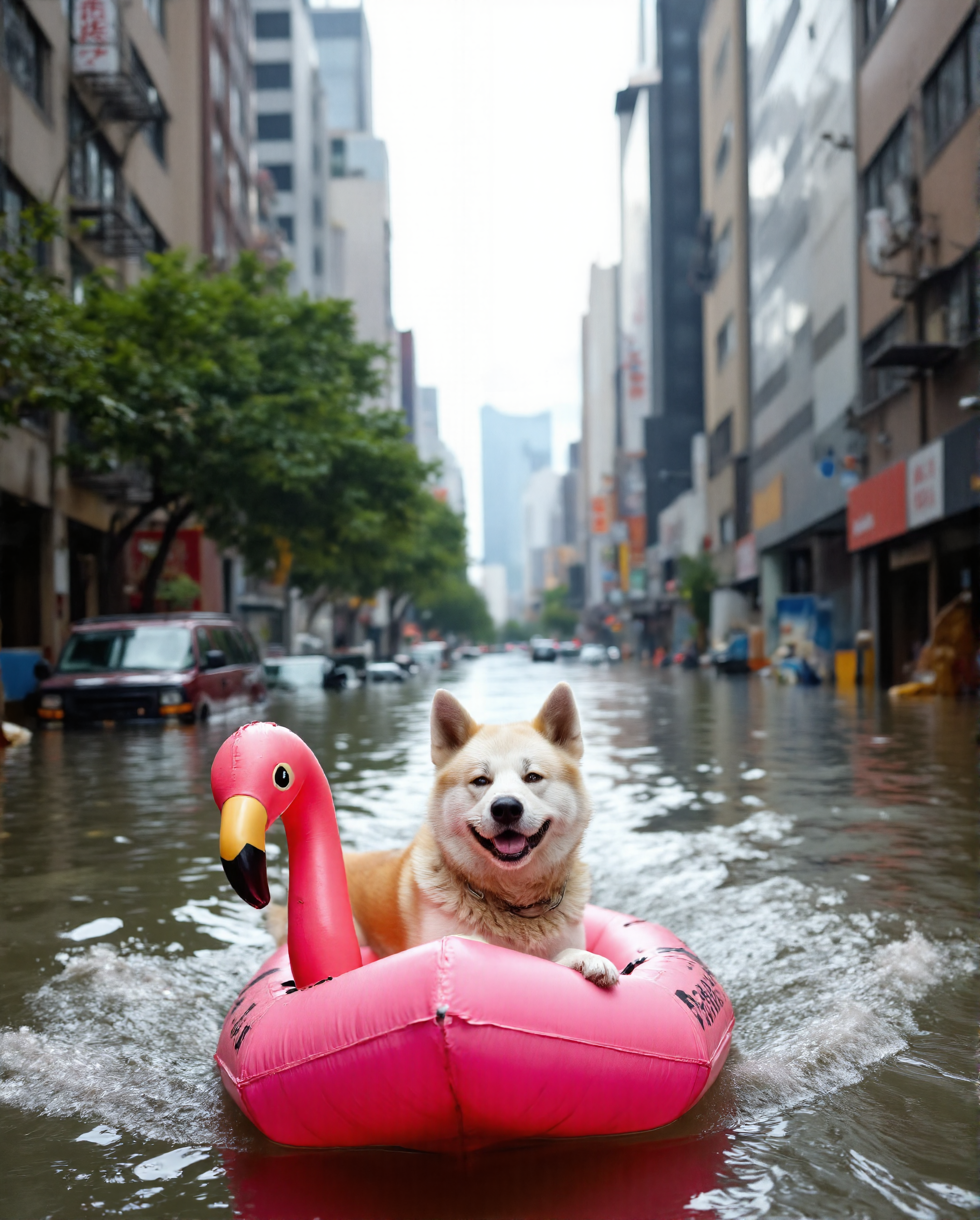 Imagine an image in the style of cinematic photorealism: A joyful Akita Inu dog named Yujin, happily navigating the flooded city streets in a pink flamingo inflatable boat. Yujin is smiling contentedly as he passes by half-submerged vehicles and debris. The boat's wake creates ripples that distort the reflection of a distant, partially flooded skyscraper., <lora:flux\personas\YujinLiz.safetensors:1.0:1.0> <lora:flux\estilos\Flooded_Streets_Flux.safetensors:1.0:1.0> <lora:flux\estilos\PCB_Image_Enhancer_for_FLUX.safetensors:1.0:1.0>