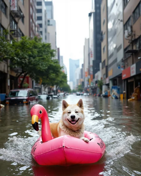 Imagine an image in the style of cinematic photorealism: A joyful Akita Inu dog named Yujin, happily navigating the flooded city streets in a pink flamingo inflatable boat. Yujin is smiling contentedly as he passes by half-submerged vehicles and debris. The boat's wake creates ripples that distort the reflection of a distant, partially flooded skyscraper., <lora:flux\personas\YujinLiz.safetensors:1.0:1.0> <lora:flux\estilos\Flooded_Streets_Flux.safetensors:1.0:1.0> <lora:flux\estilos\PCB_Image_Enhancer_for_FLUX.safetensors:1.0:1.0>