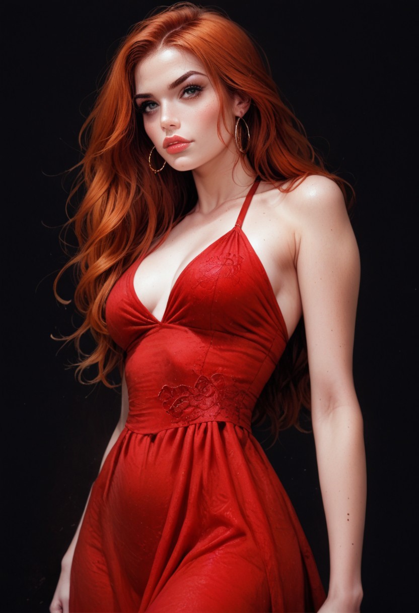 score_9, score_8_up, score_7_up, score_6_up,  Majestrix, 1girl, gorgeous girl, cute girl , kawai girl , cute face , long red hair, ginger, bright silk red dress, halterneck, sleeveless, reij-rosie, huge tits, ((full pouty lips)), rogue girl , sexy , posing , face focus, sexy full body picture, ((dynamic pose)) 
expressiveH, low angle,
Black background