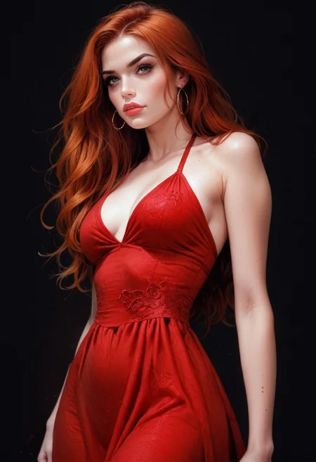 score_9, score_8_up, score_7_up, score_6_up, Majestrix, 1girl, gorgeous girl, cute girl , kawai girl , cute face , long red hair, ginger, bright silk red dress, halterneck, sleeveless, reij-rosie, huge tits, ((full pouty lips)), rogue girl , sexy , posing , face focus, sexy full body picture, ((dynamic pose))
expressiveH, low angle,
Black background
