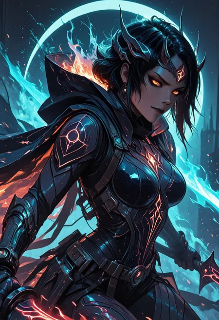 (masterpiece), (best quality), 8k, 1girl, celestial assassin, intense low lighting, glowing crescent blades, purple glow, dual-wielding, shadowed face, glowing eyes, dark eclipse sky behind her, glowing voidlight aura, Void crown, half crescent crown, orange eyes, mystical sigils, long flowing cloak fluttering, sci-fi fantasy armor with celestial patterns, moonlit silhouette, cinematic perspective, ethereal particles, radiant eclipse corona, sleek asymmetrical hairstyle, atmosphere of silent finality, black eyeshadow, Void flames, Burning Cloak, Flaming cloak,
Action Shot, Slashing blades, Fierce expression, partical effects, dynamic, Dynamic position, Dynamic angle, Combat, intense, intense expression, Anger, half smirk,
Unique, close up, cowboy shot, dutch angle, foreshortening,
Looking at viewer, (Close up, Face Focus),