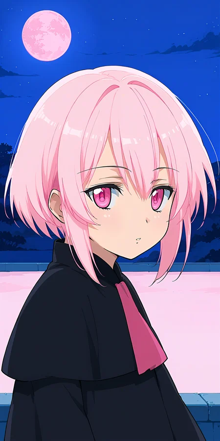 1girl,looking at viewer,<lora:Artemis_(Tsukuyomi)-000049:0.8>,pink hair,pink eyes,night sky,moon,short hair,black dress,