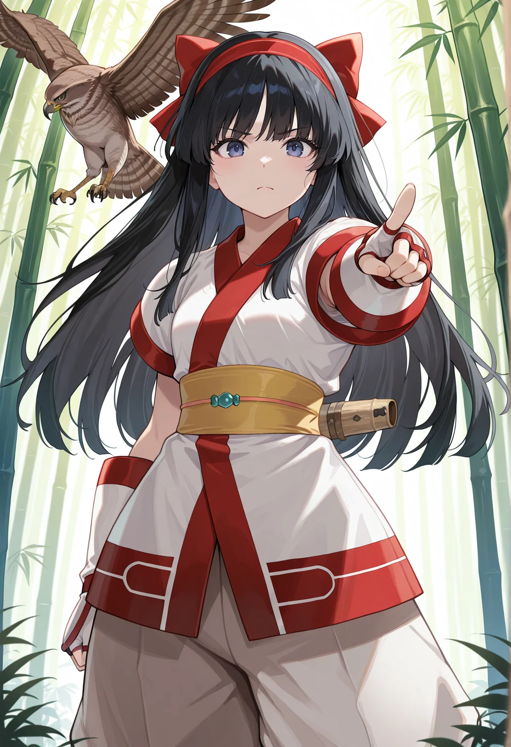 1girl, solo, long hair, black hair, hair bow, hairband, ainu clothes, japanese clothes, short sleeves, pants, fingerless gloves, bamboo forest, pointing at viewer, serious, hawk, <lora:Nakoruru_illus:1>, masterpiece, best quality, amazing quality, very aesthetic, absurdres, highres, newest