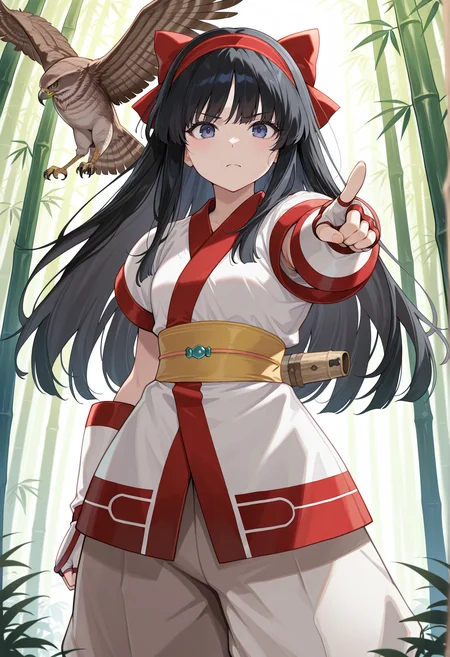 1girl, solo, long hair, black hair, hair bow, hairband, ainu clothes, japanese clothes, short sleeves, pants, fingerless gloves, bamboo forest, pointing at viewer, serious, hawk, <lora:Nakoruru_illus:1>, masterpiece, best quality, amazing quality, very aesthetic, absurdres, highres, newest