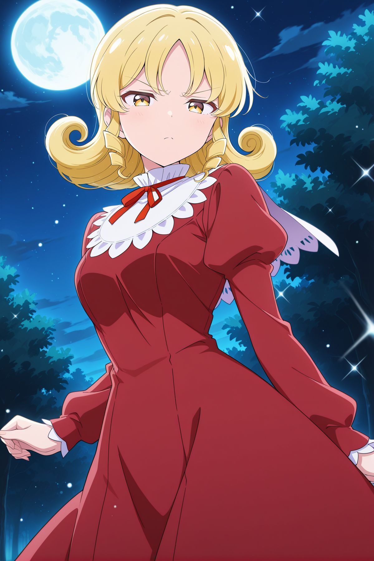 absurdres, highres, masterpiece, best quality, amazing quality, official anime artwork, screencap, anime screencap, outdoors, dynamic pose, 
 <lora:Elly_Illustrious:1> elly, 1girl, solo, yellow eyes, blonde hair, curly hair, short hair,, red dress, neck ribbon, long sleeves, night, moon, light particles, looking at viewer, annoyed,