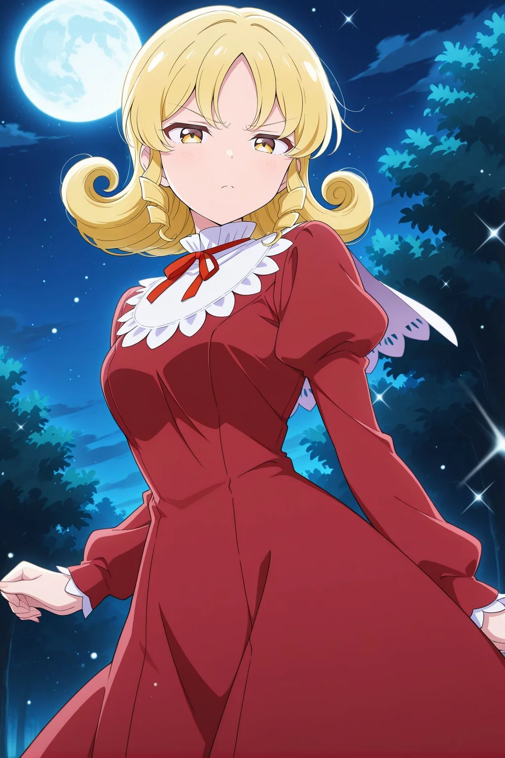 absurdres, highres, masterpiece, best quality, amazing quality, official anime artwork, screencap, anime screencap, outdoors, dynamic pose,
<lora:Elly_Illustrious:1> elly, 1girl, solo, yellow eyes, blonde hair, curly hair, short hair,, red dress, neck ribbon, long sleeves, night, moon, light particles, looking at viewer, annoyed,