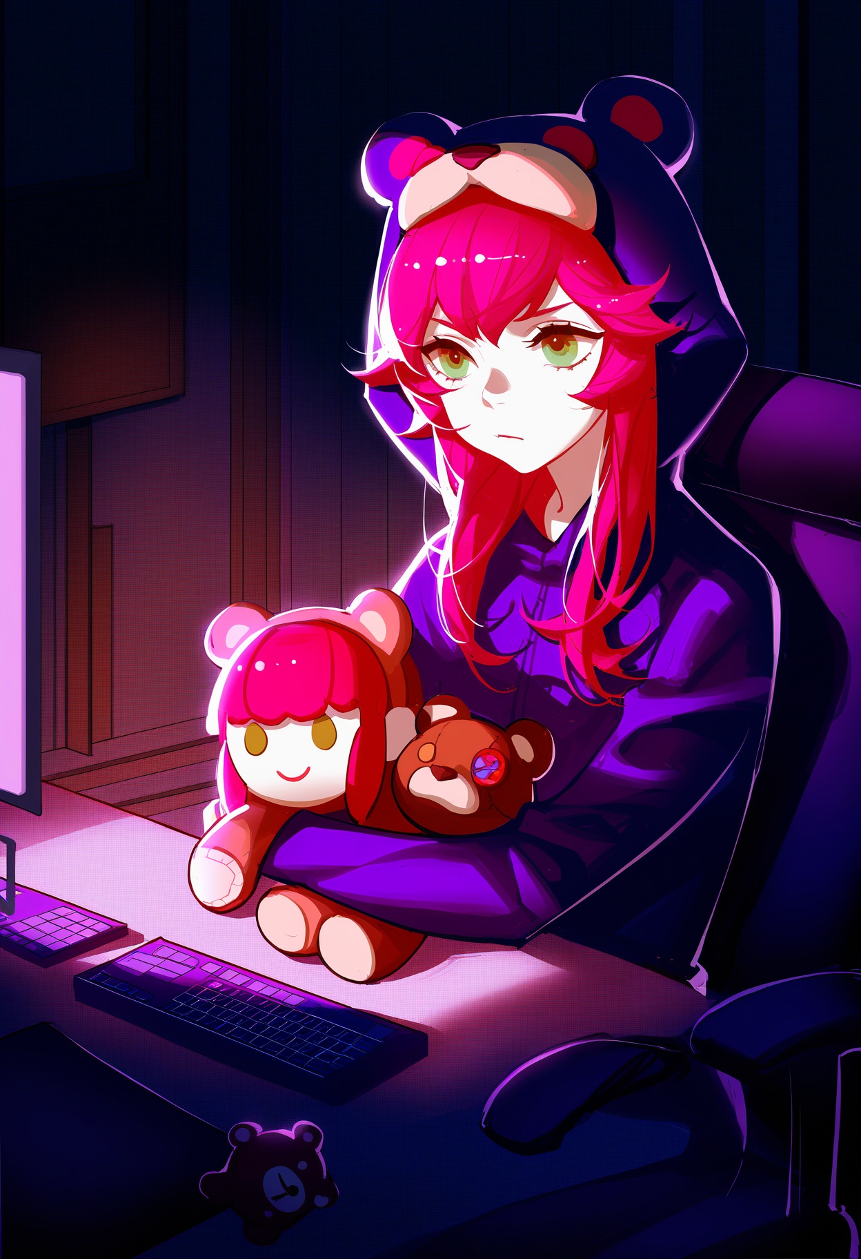 annie \(league of legends\),  reverse annie, league of legends, ask \(askzy\), zytr0nn,1girl, solo, long hair, bangs, long sleeves, holding, animal ears, sitting, closed mouth, green eyes, jacket, pink hair, indoors, hood, fake animal ears, chair, stuffed toy, stuffed animal, hood up, teddy bear, animal hood, monitor, holding stuffed toy, bear ears, keyboard (computer),holding annie plush toy, tuffed toy, character doll, animal costume,
(traditional media,:0.7)(hatching \(texture\),: :0.3)(masterpiece:0.5)