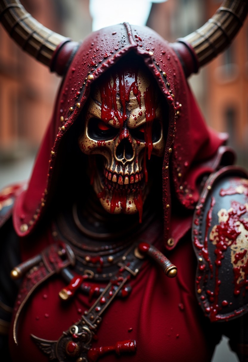 photorealistic close-up the chaos god Khorne, blood, shallow depth of field, aidmaHyperrealism