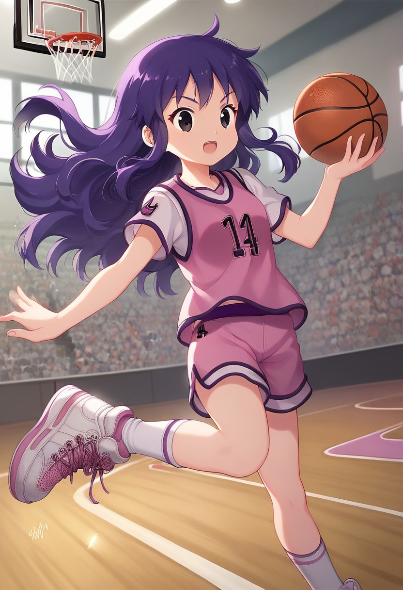 score_8, score_8_up, score_7_up, official art, 1girl, solo, Orochi_GF,  Rin_GF, black eyes, purple hair, long hair, sidelocks, basketball uniform, basketball jersey, pink basketball jersey, sportswear, sleeveless, short sleeves, short sleeves under sleeveless, number print, clothes writing, shorts, pink shorts, short socks, white socks, sneakers, white footwear, indoors, basketball court, basketball hoop, jumping, midair, basketball, basketball (object), holding ball