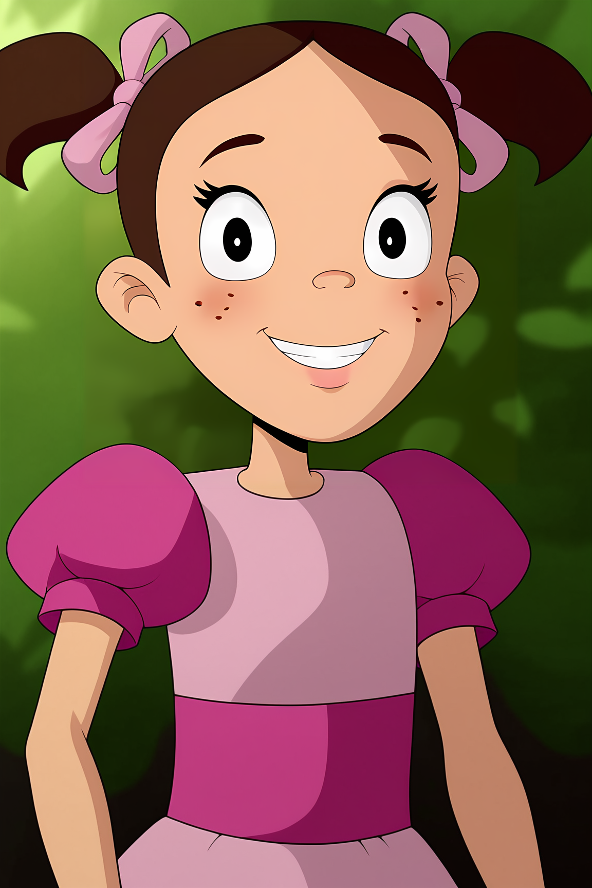 score_9, score_8_up, score_7_up, score_6_up, BREAK, PopisCAPXL, freckles, black eyes, brown hair, short hair, twintails, hair ribbon, pink ribbon, flat chest, pink dress, short sleeves, puffy sleeves, solo, front view, (portrait, upper body), solo focus, seductive smile, looking at viewer, forest, tree <lora:PopisCAPXL:1>