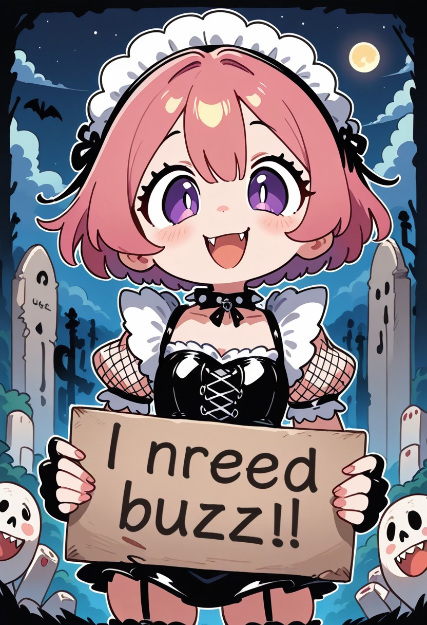 CivChan, purple eyes, pink hair, vampire, fangs, smile, open mouth, looking at viewer, goth clothing, fishnet top, black corset, spiked choker, elbow fingerless gloves, shows her claws, night, outdoors, graveyard background, horror, Cute_Rem, sticker style, thick white outline, thick line art, lineart, sticker, cute, adorable, need_buzz, holding sign