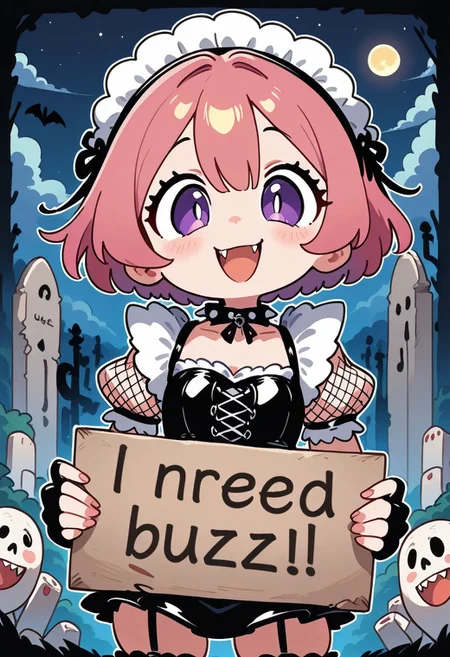 CivChan, purple eyes, pink hair, vampire, fangs, smile, open mouth, looking at viewer, goth clothing, fishnet top, black corset, spiked choker, elbow fingerless gloves, shows her claws, night, outdoors, graveyard background, horror, Cute_Rem, sticker style, thick white outline, thick line art, lineart, sticker, cute, adorable, need_buzz, holding sign