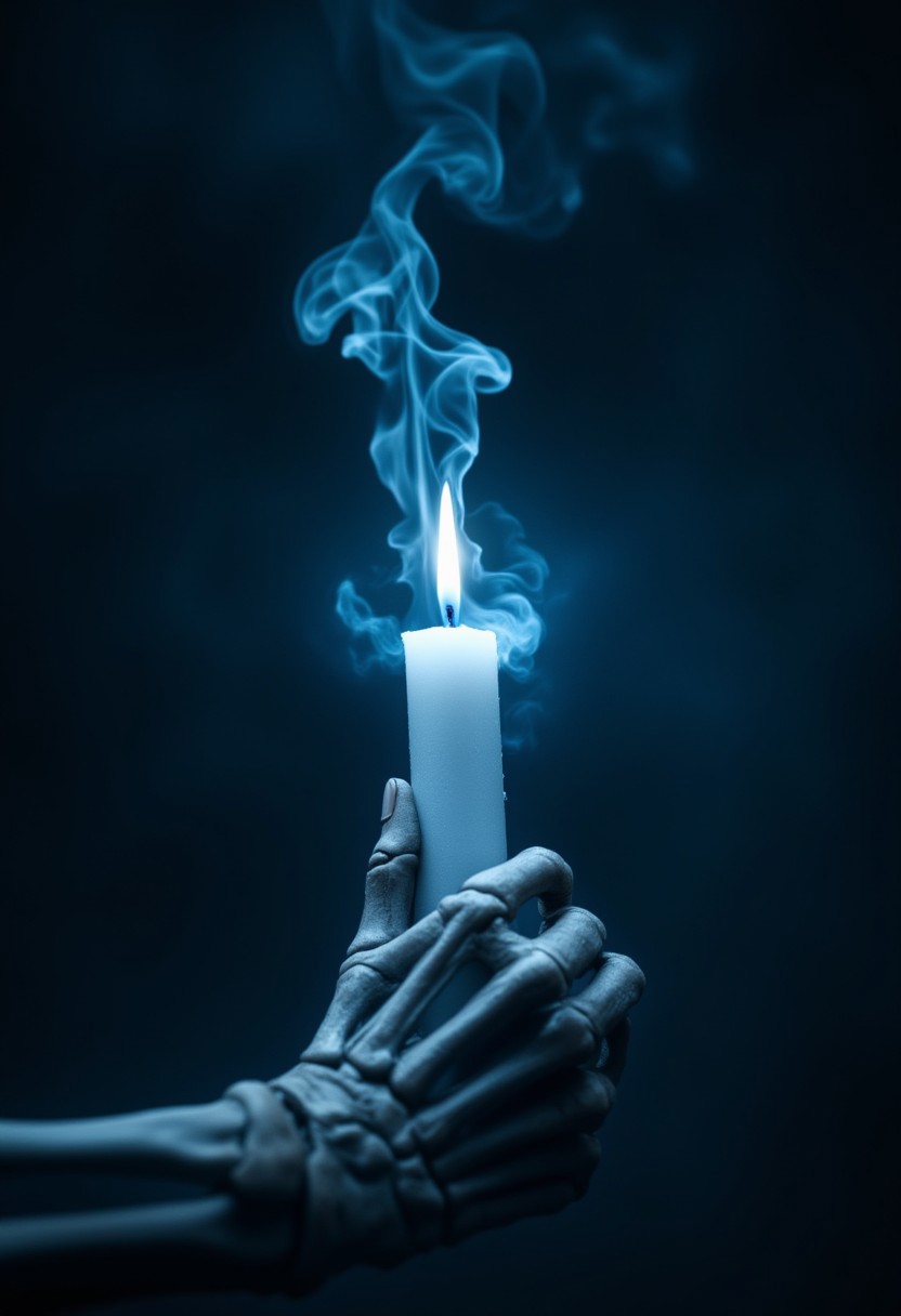 A skeletal hand firmly grasps a white candle, its bony fingers wrapped around the smooth wax. The candle burns with an unnatural blue flame, casting an eerie glow that flickers softly in the darkness. Wisps of smoke rise from the flame, twisting and curling into the distinct shape of a mind—abstract yet unmistakable, resembling a swirling brain or an ethereal thought. The dim and mysterious background is shrouded in deep shadows, enhancing the otherworldly atmosphere. The ghostly light reflects off the skeletal fingers, emphasizing their hollow, lifeless form. The scene evokes a sense of mystery, the supernatural, and the fragile boundary between life, thought, and death. aidmamj6.1, aidmaimageupgrader, aidmafluxpro1.1, bo-exposure