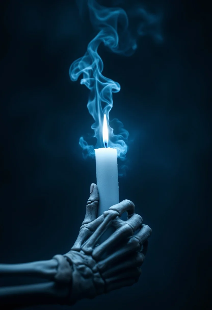 A skeletal hand firmly grasps a white candle, its bony fingers wrapped around the smooth wax. The candle burns with an unnatural blue flame, casting an eerie glow that flickers softly in the darkness. Wisps of smoke rise from the flame, twisting and curling into the distinct shape of a mind—abstract yet unmistakable, resembling a swirling brain or an ethereal thought. The dim and mysterious background is shrouded in deep shadows, enhancing the otherworldly atmosphere. The ghostly light reflects off the skeletal fingers, emphasizing their hollow, lifeless form. The scene evokes a sense of mystery, the supernatural, and the fragile boundary between life, thought, and death. aidmamj6.1, aidmaimageupgrader, aidmafluxpro1.1, bo-exposure