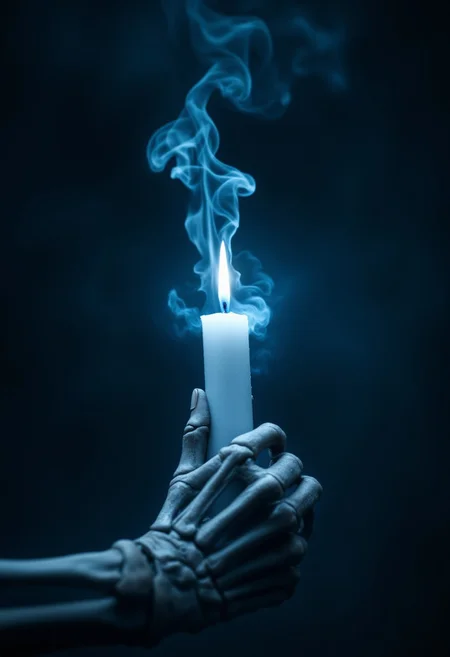 A skeletal hand firmly grasps a white candle, its bony fingers wrapped around the smooth wax. The candle burns with an unnatural blue flame, casting an eerie glow that flickers softly in the darkness. Wisps of smoke rise from the flame, twisting and curling into the distinct shape of a mind—abstract yet unmistakable, resembling a swirling brain or an ethereal thought. The dim and mysterious background is shrouded in deep shadows, enhancing the otherworldly atmosphere. The ghostly light reflects off the skeletal fingers, emphasizing their hollow, lifeless form. The scene evokes a sense of mystery, the supernatural, and the fragile boundary between life, thought, and death. aidmamj6.1, aidmaimageupgrader, aidmafluxpro1.1, bo-exposure