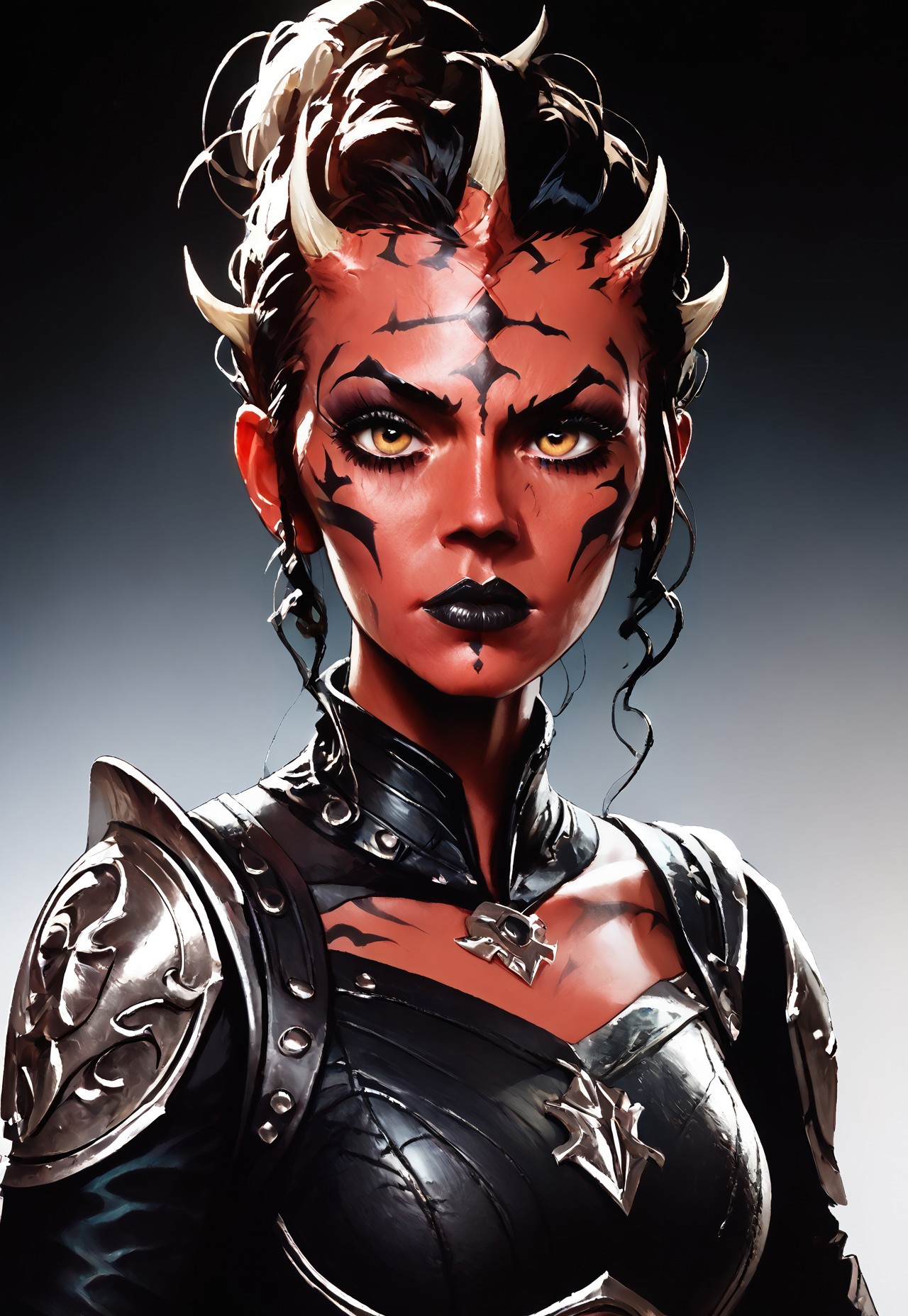 (score_9, score_8_up), score_7_up, source_anime, novuschroma43 style,  female Dathomirian Zabrak alien wearing jedi robes over heavy armor, many small white horns, t4s14