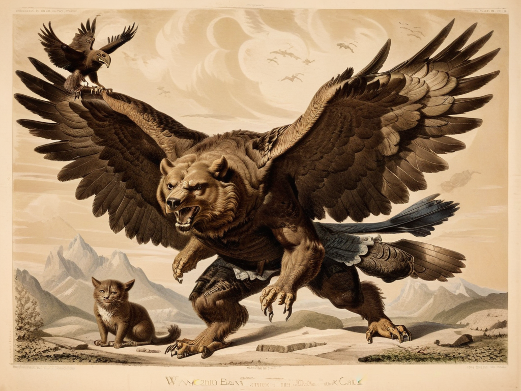 a winged bear with the head of a cat and the feet of an eagle,art by llbreton, <lora:LLBretonXL:1>