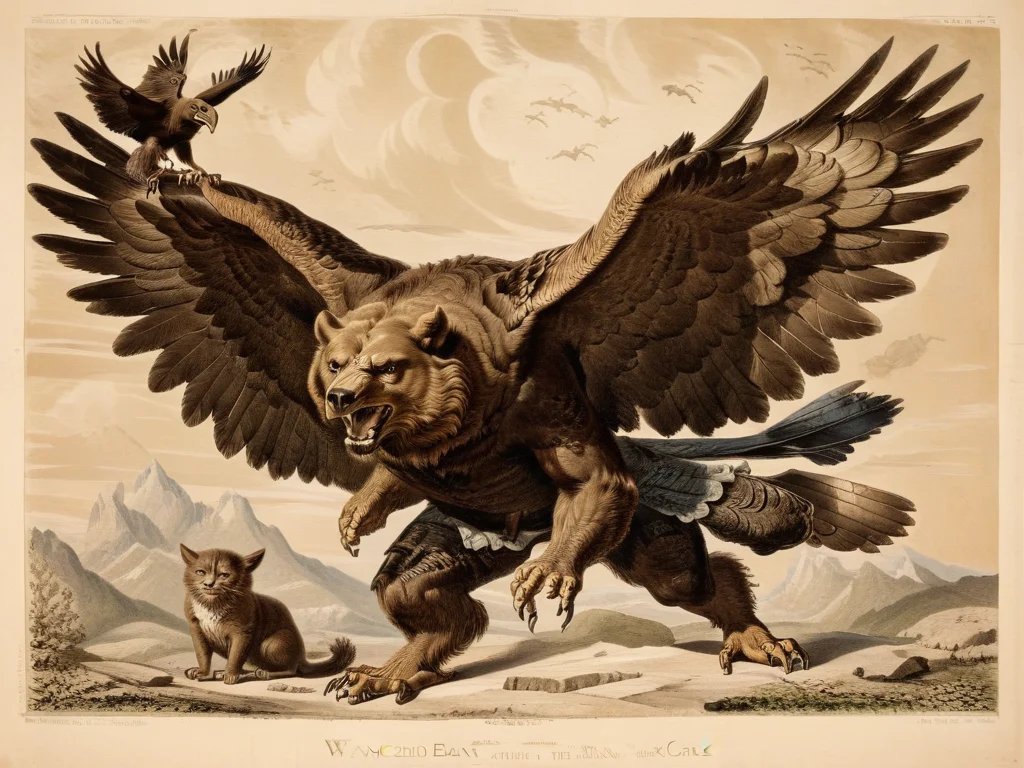 a winged bear with the head of a cat and the feet of an eagle,art by llbreton, <lora:LLBretonXL:1>