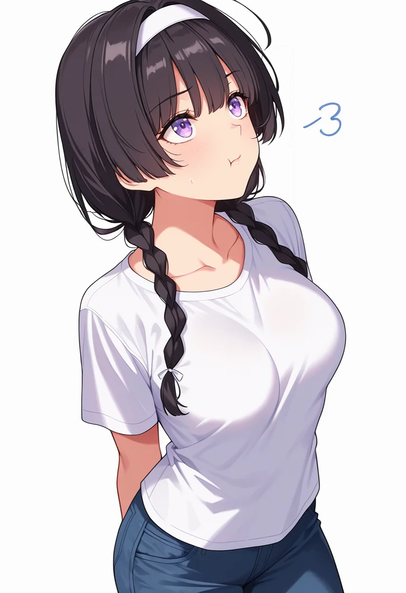<lora:Suzune_Kagami_CNR:0.8> susune_cnr,black hair, long hair, twin braids,purple eyes, medium breasts,white hairband, t-shirt, ,slip,flared pants, , Smooth Quality,masterpiece,very intricate, high quality details, ultra realistic, high detailed skin,detailed enviorement,absurdres,, simple background, white background, dynamic angle,solo,
standing, arms behind back, looking up, calm expression, relaxed posture, ,, :t,