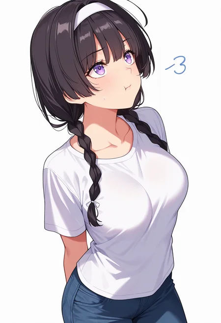 <lora:Suzune_Kagami_CNR:0.8> susune_cnr,black hair, long hair, twin braids,purple eyes, medium breasts,white hairband, t-shirt, ,slip,flared pants, , Smooth Quality,masterpiece,very intricate, high quality details, ultra realistic, high detailed skin,detailed enviorement,absurdres,, simple background, white background, dynamic angle,solo,
standing, arms behind back, looking up, calm expression, relaxed posture, ,, :t,