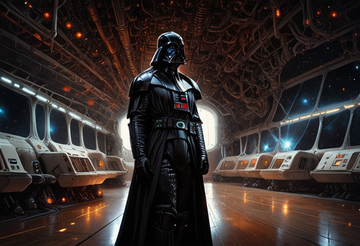 score_9, score_8_up, score_7_up, vader, dystopian, sci-fi, space ship interior, volumetric lighting, standing in corridor, , hands behind back, looking at viewer