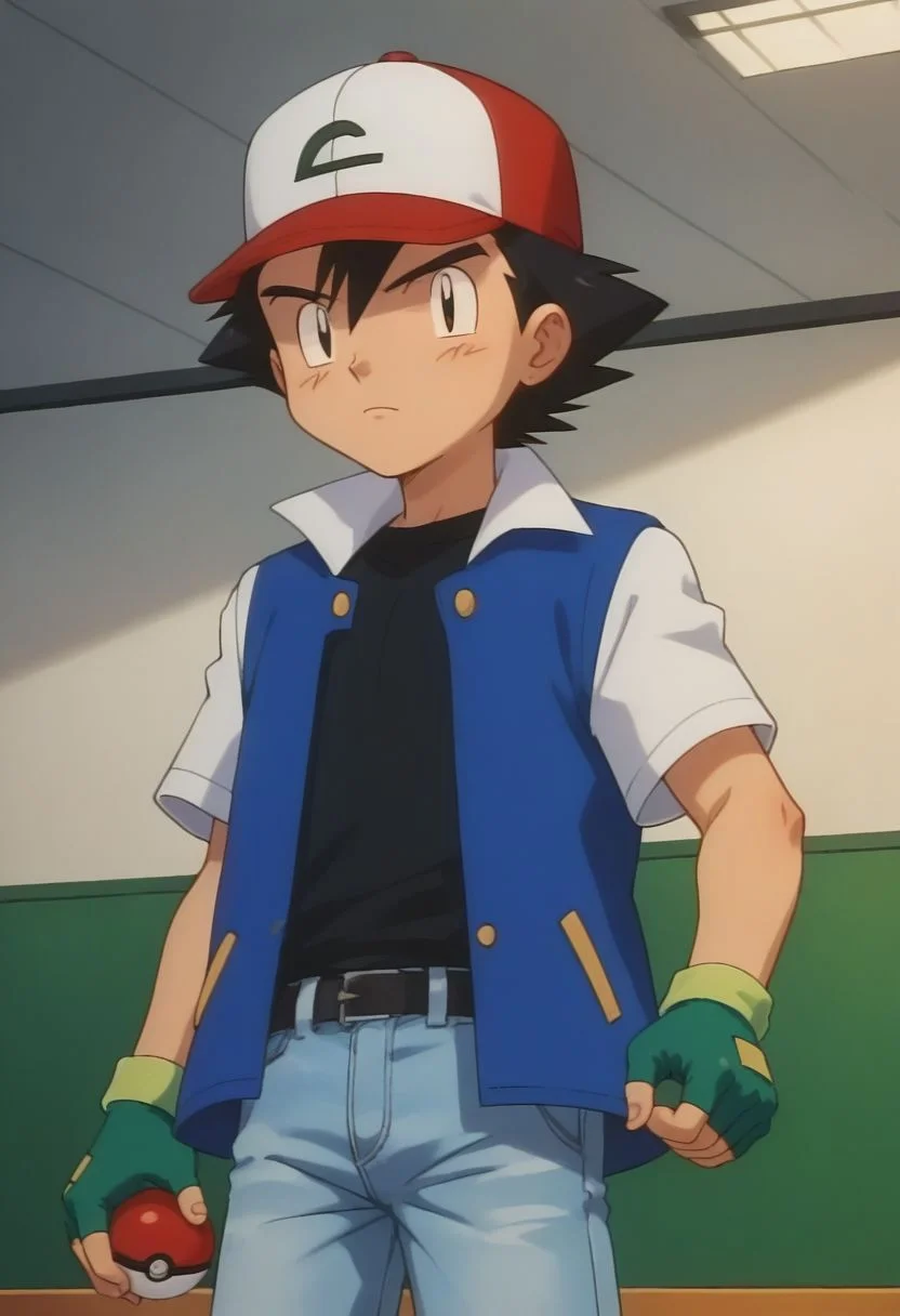 score_9, score_8_up, score_7_up, source_anime, highly detailed, 1boy, solo, male_focus, slender, skinny, human child, long shot,
ash_kanto, hat, gloves, solo, fingerless gloves, baseball cap, black hair, denim, blue jacket, arm raised, focused,
indoor, pokemon gym, hold, holding poke ball,