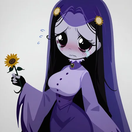 score_9, score_8_up, score_7_up BREA, MiseryRG, 1girl, black hair, black eyes, pale purple skin, tears trail, purple veil, yellow sunflower-shaped hairclips, white-collared purple buttoned dress, long purple sleeves, green spider neck cameo, fingerless black gloves, busty, curvy, big breasts, big hips, tiny waist, embarrassed, blushing, looking at viewer,