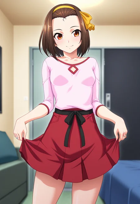 masterpiece, best quality, amazing quality, 1girl, solo, cowboy shot, misaoww, brown eyes, brown hair, short hair, forehead, yellow ribbon, yellow hairband, small breasts, wedding ring, casual, collarbone, pink shirt, red skirt, looking at viewer, smile, indoors, skindentation, detailed clothing folds, depth of field, sharp, high contrast, dynamic light <lora:Matsumori_Misao_Tonarizuma2_ill:0.9>