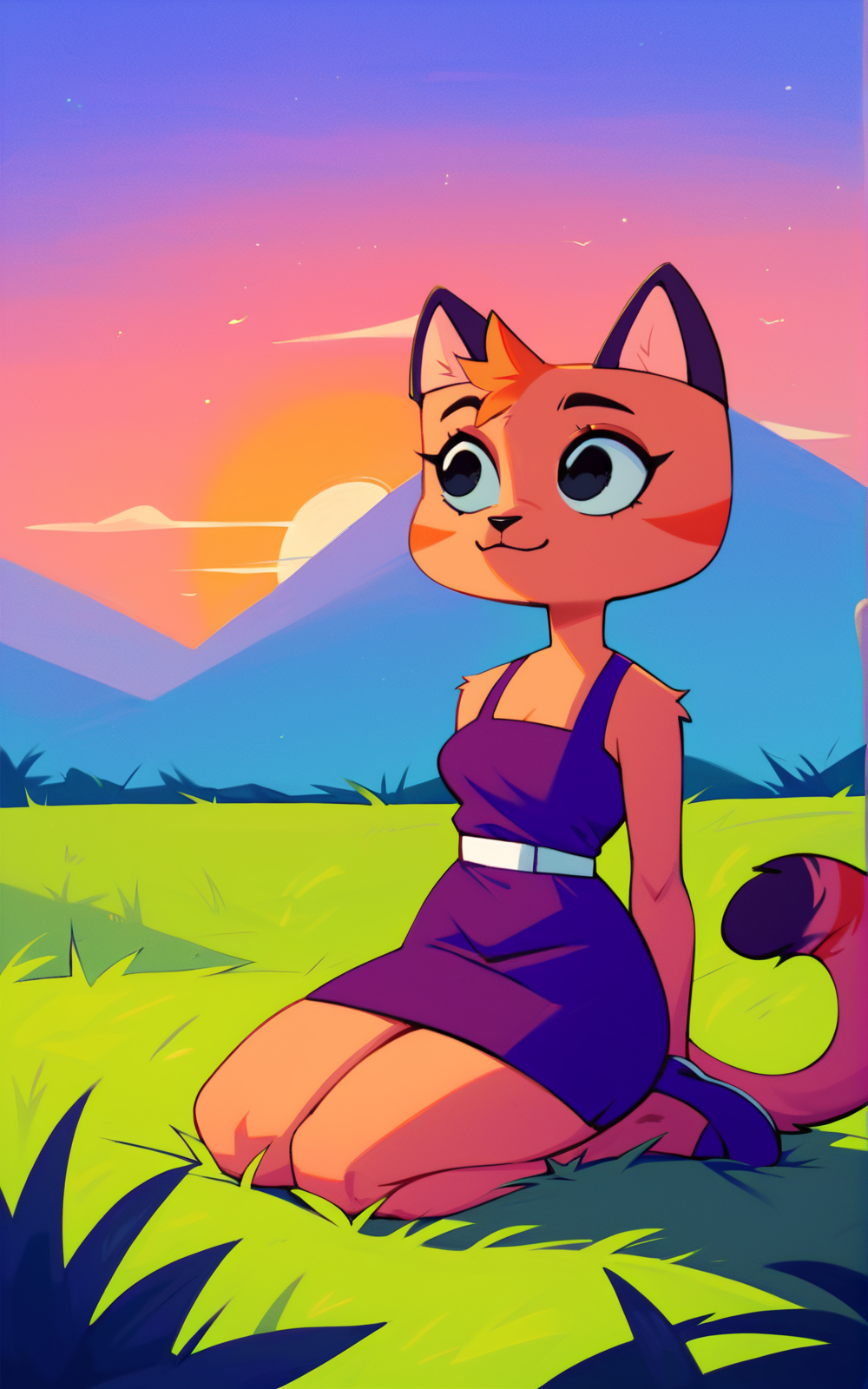 score_9, score_8_up, score_7_up,((best quality)), absurdres, <lora:3d-2d:0.8>,  <lora:NimfaHKPXL:0.8>,NimfaHKPXL,animal ears,cat tail, furry female, furry,cat ears, cat girl, black eyes,purple dress, purple footwear, purple dress, kneeling, short dress, grass, sunset, sleeveless ,white belt,string dress