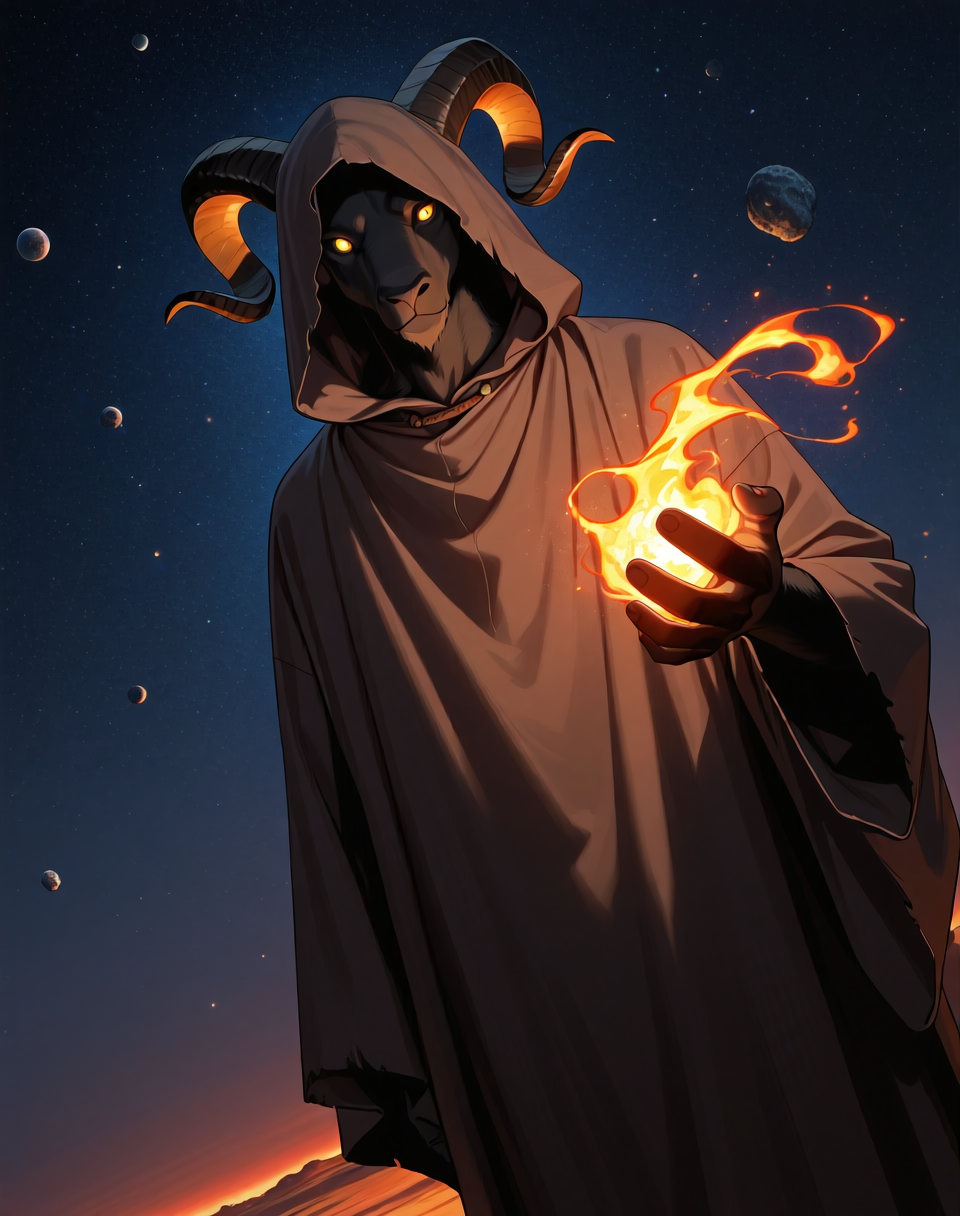 <lora:Moro_Hooded_Form_(Dragonball_Z)_(Illustrious)_(AD):1.35> Moro, hooded cloak, goat, 
dutch angle, exterior, outer space, asteroid field, 
male focus, gradient coloring, solo, cowboy shot, soft shading, old, aged up, dark picture, tattered brown cloak, consuming energy with magic, 
BREAK very awe, aesthetically pleasing, masterpiece, best quality, amazing quality, very aesthetic, perfect depth of field shot, in'ei, furry_art, source_furry, source_anime,
EZRealPONYXL, zPDXL, Smooth Quality, lazympos, IllustQualXL_Pos,