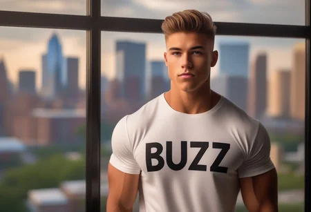 Handsome, tanned 20yo college grad, jacked muscles, side swept undercut, holding sign that says "BUZZ PLZ", t-shirt logo ⚡, spotlight, ultra res, tan, leather books, library, evening, picture window, copper domes and a city below the window, ultrares, projection lighting