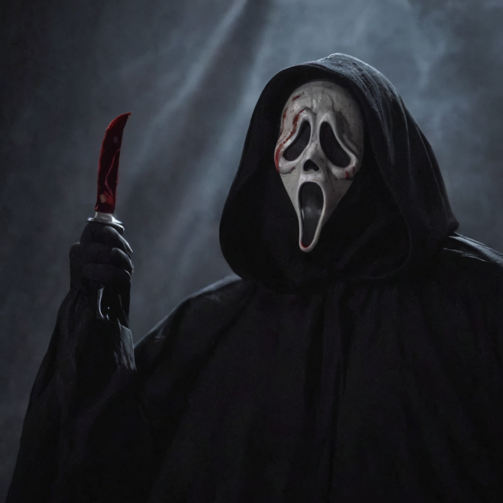 cinematic film still of  <lora:Chiaroscuro Lighting Style:1> Chiaroscuro Lighting Style
 <lora:Ghostface:1>
Ghostface a person in a black hood holding a bloody knife,scream horror movie style,solo,tongue,tongue out,blurry,blood,black background,dripping , realistic, sharp, detailed, classic, 1990's, horror, photography, artistic, perfect knife, crazy, shallow depth of field, vignette, highly detailed, high budget, bokeh, cinemascope, moody, epic, gorgeous, film grain, grainy
