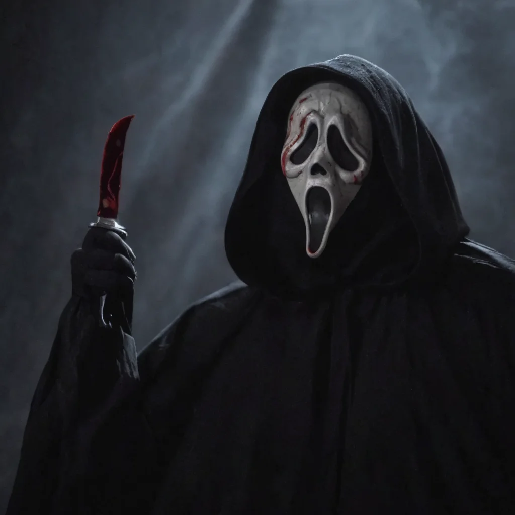 cinematic film still of <lora:Chiaroscuro Lighting Style:1> Chiaroscuro Lighting Style
<lora:Ghostface:1>
Ghostface a person in a black hood holding a bloody knife,scream horror movie style,solo,tongue,tongue out,blurry,blood,black background,dripping , realistic, sharp, detailed, classic, 1990's, horror, photography, artistic, perfect knife, crazy, shallow depth of field, vignette, highly detailed, high budget, bokeh, cinemascope, moody, epic, gorgeous, film grain, grainy