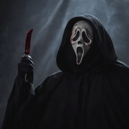 cinematic film still of <lora:Chiaroscuro Lighting Style:1> Chiaroscuro Lighting Style
<lora:Ghostface:1>
Ghostface a person in a black hood holding a bloody knife,scream horror movie style,solo,tongue,tongue out,blurry,blood,black background,dripping , realistic, sharp, detailed, classic, 1990's, horror, photography, artistic, perfect knife, crazy, shallow depth of field, vignette, highly detailed, high budget, bokeh, cinemascope, moody, epic, gorgeous, film grain, grainy