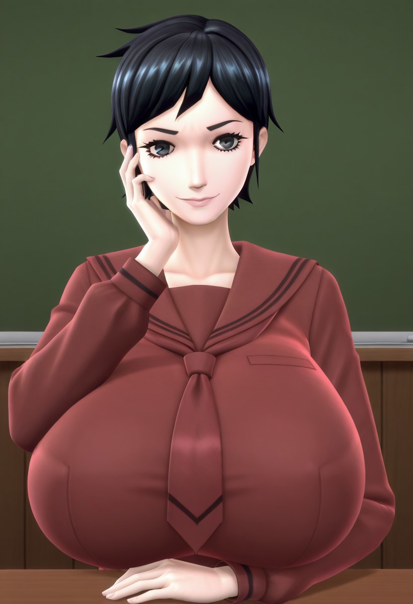 3D,game screencap,game coloring,1girl,solo,KayaDaidouji,black hair,short hair,black eyes,eyelashes,lips,serafuku,huge breasts,smile,closed mouth,hand on cheek