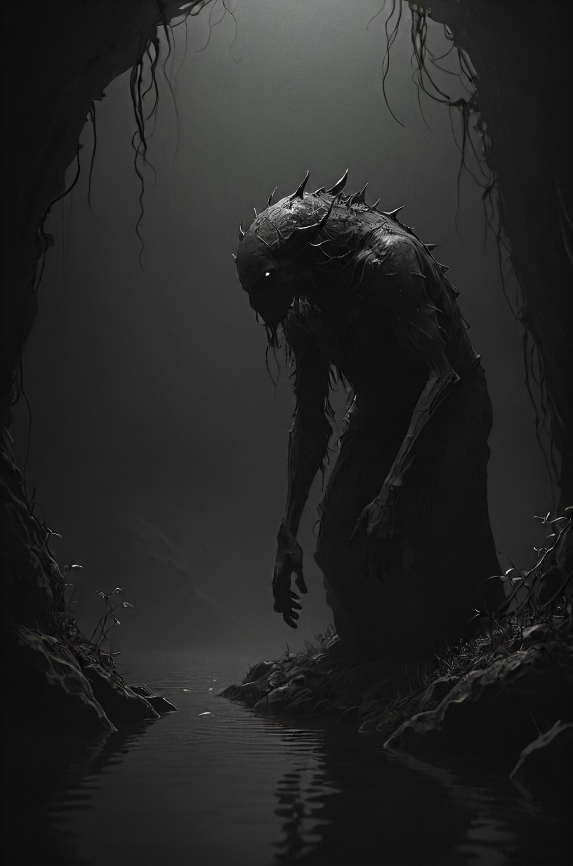 leap of faith, unknown waters, deep, shadows, creature of legend, distrust, (careful:1.1), timid, hidden, (on all fours,:1.1)  <lora:- SDXL - vanta-black_contrast_V3.0:0.7>