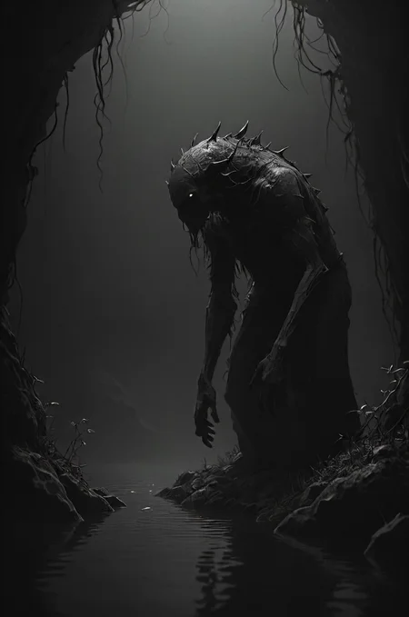 leap of faith, unknown waters, deep, shadows, creature of legend, distrust, (careful:1.1), timid, hidden, (on all fours,:1.1) <lora:- SDXL - vanta-black_contrast_V3.0:0.7>
