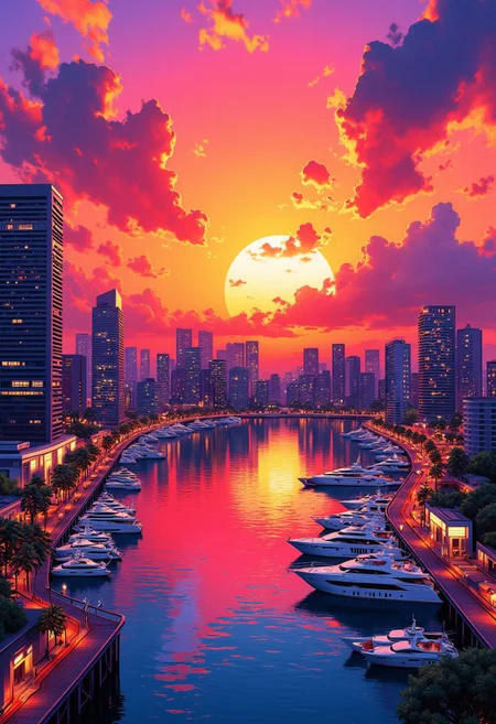 Inkpunk Anime, Abstract digital painting in the style of ck-js, concept art, futuristic, image of coastal city with a large harbour featuring super-yachts, sunset, rule of thirds, perfect lighting, sunset, HD32K, wallpaper, hyperdetailed
