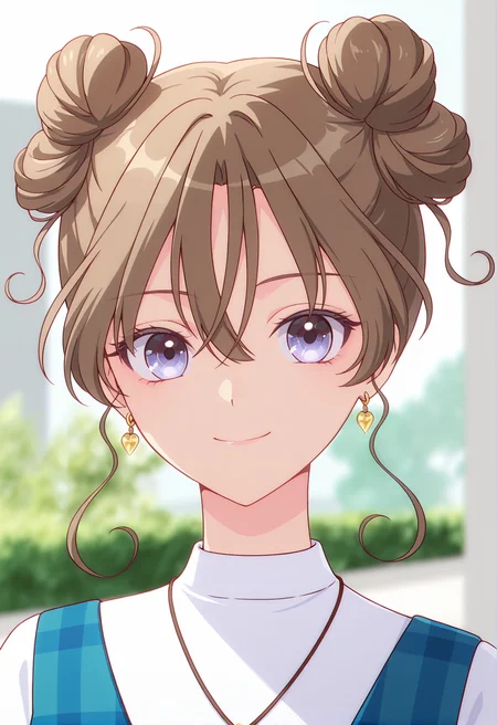 <lora:MAI KAMIIZUMI_illustrious-000038:1>,
MAI KAMIIZUMI, solo, jewelry, earrings, double bun, smile, looking at viewer, blurry background, shirt, blurry, white shirt, portrait, closed mouth, necklace, plaid, hair between eyes, upper body