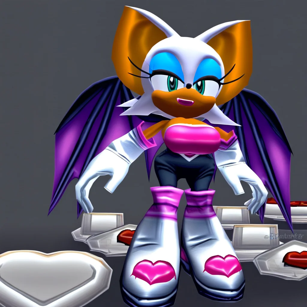 anthro, bat wings attached to back, Heart shaped breast plate, heart breast plate, rouge, bat, big bat ears, long white gloves, long white boots, Bare shoulder, bodysuit