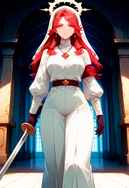 masterpiece ,best quality ,amazing quality ,very aesthetic,absurdres,newest,scenery,highres,usnr,hualidefengge,1girl,solo,looking at viewer, super low angle ,one weapon, Lucrezia_UM, red hair, amber eyes, military uniform, red necklace, red armband, floor length ,golden trimmed, earrings, jewelry ,one sword, gloves ,female ,holding ,holding weapon ,halo ,looking at viewer, habit, dark castle background. freebos_smoothiestyle