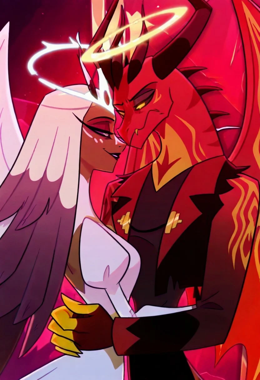 satanhelluvaboss, 1boy, horns, dragon, demon, tattoo, (multiple eyes), four eyes, yellow fingers, wings, sleeveless ,
sera \(hazbin hotel\), sera, dark skin, colored skin, freckles, white freckles, long eyelashes, makeup, black lips, grey sclera, colored sclera, dark purple pupils, white hair, long hair, halo, glowing halo, wings, angel wings, white dress, turtleneck dress, juliet sleeves, long sleeves, 1boy, 1girl, duo, nice anatomy, perfect, ((couple, romantic)), beatiful eyes,