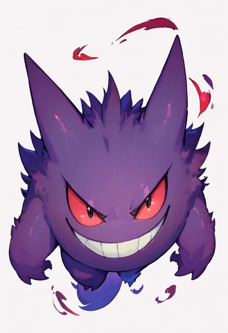 score_9, score_8_up, score_8,
gengar, solo, no humans, red sclera, v-shaped eyebrows, black eyes, evil smile,
floating, looking at viewer, white background